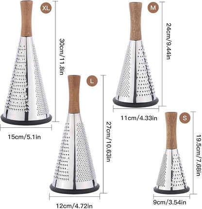 Cone Cheese Grater with Handle - Stainless Steel Triple Function Wood Handle Parmesan Shaver Non-Slip Rubber Bottom Hand Held Multifunction Vegetables Cheese Grater with container(XL:11.8" X 5.1")