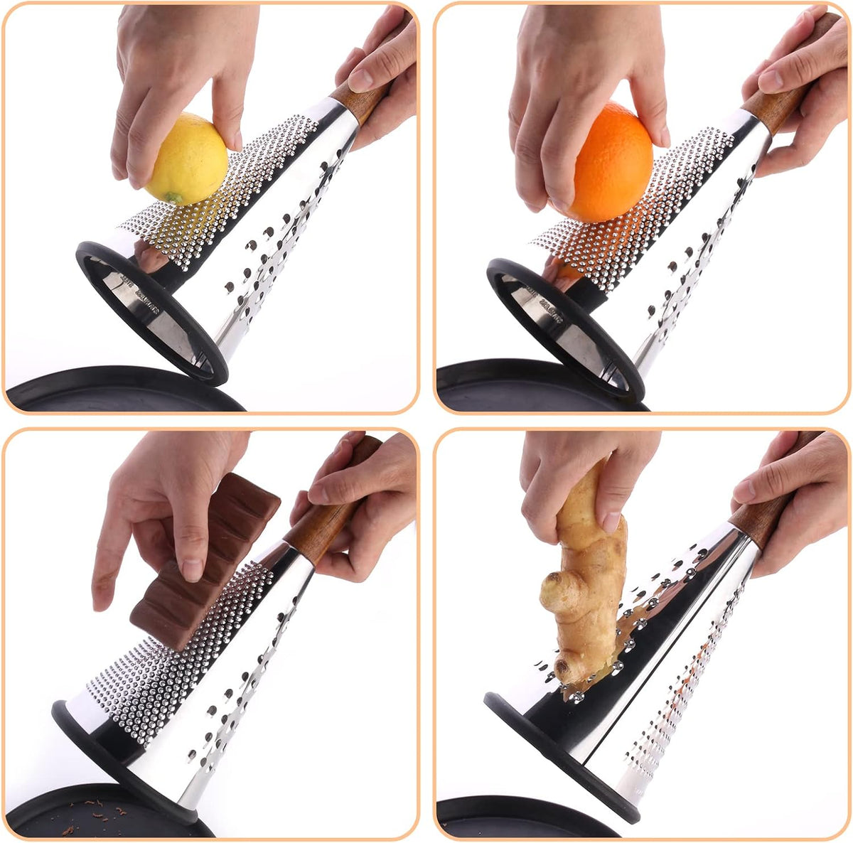 Cone Cheese Grater with Handle - Stainless Steel Triple Function Wood Handle Parmesan Shaver Non-Slip Rubber Bottom Hand Held Multifunction Vegetables Cheese Grater with container(XL:11.8" X 5.1")