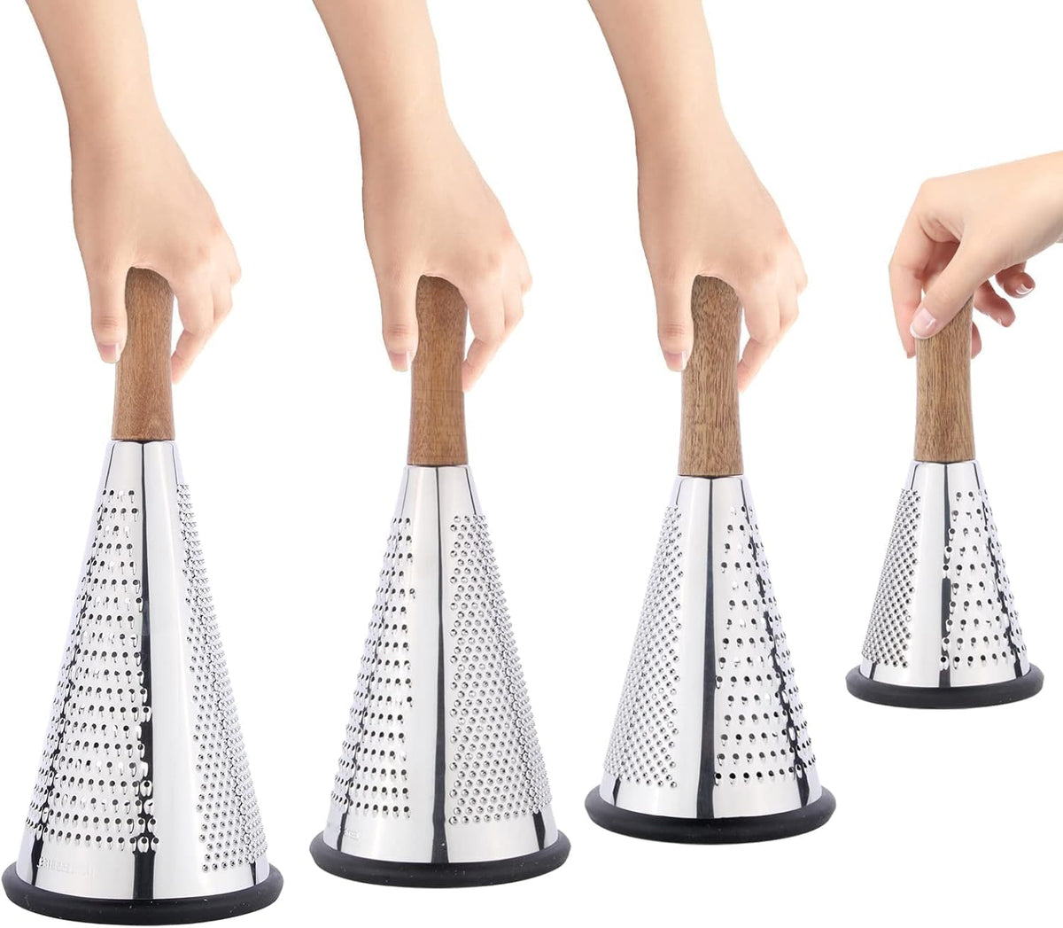 Cone Cheese Grater with Handle - Stainless Steel Triple Function Wood Handle Parmesan Shaver Non-Slip Rubber Bottom Hand Held Multifunction Vegetables Cheese Grater with container(XL:11.8" X 5.1")