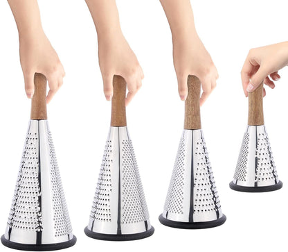 Cone Cheese Grater with Handle - Stainless Steel Triple Function Wood Handle Parmesan Shaver Non-Slip Rubber Bottom Hand Held Multifunction Vegetables Cheese Grater with container(XL:11.8" X 5.1")