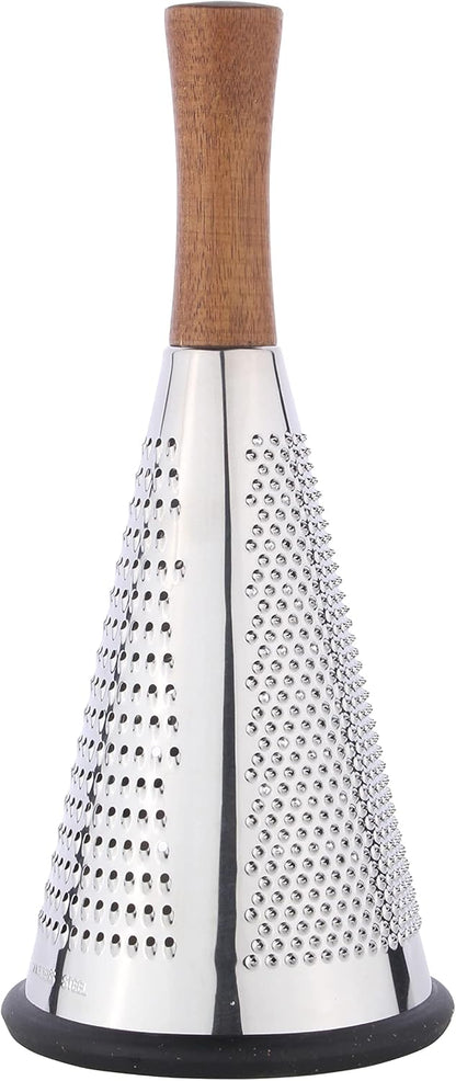 Cone Cheese Grater with Handle - Stainless Steel Triple Function Wood Handle Parmesan Shaver Non-Slip Rubber Bottom Hand Held Multifunction Vegetables Cheese Grater with container(XL:11.8" X 5.1")