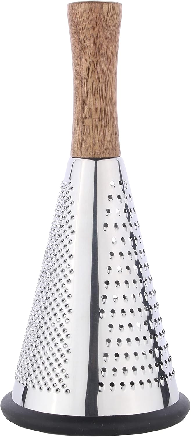 Cone Cheese Grater with Handle - Stainless Steel Triple Function Wood Handle Parmesan Shaver Non-Slip Rubber Bottom Hand Held Multifunction Vegetables Cheese Grater with container(XL:11.8" X 5.1")