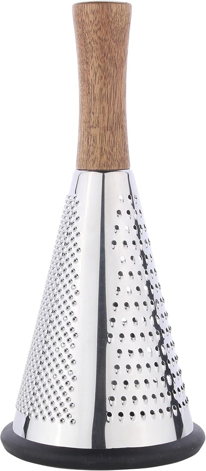Cone Cheese Grater with Handle - Stainless Steel Triple Function Wood Handle Parmesan Shaver Non-Slip Rubber Bottom Hand Held Multifunction Vegetables Cheese Grater with container(XL:11.8" X 5.1")