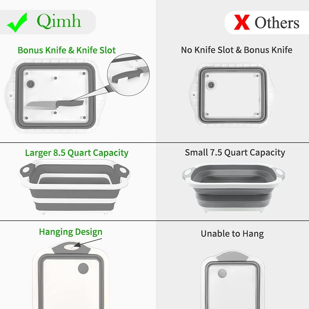 Collapsible Cutting Board - Foldable Multi-function Dish Tub - Washing and Draining Veggies Fruits Food Grade Sink Storage Basket(8.5 Quart) - New Kitchen and Camping Essentials(Knife Included)