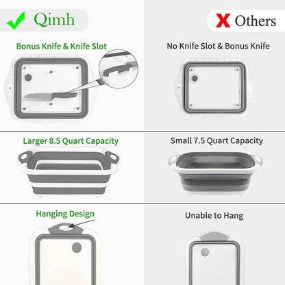 Collapsible Cutting Board - Foldable Multi-function Dish Tub - Washing and Draining Veggies Fruits Food Grade Sink Storage Basket(8.5 Quart) - New Kitchen and Camping Essentials(Knife Included)