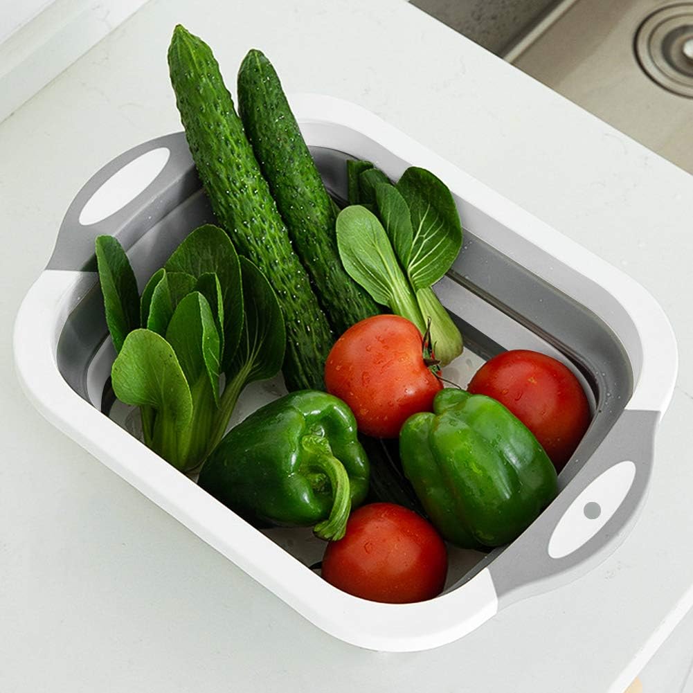 Collapsible Cutting Board - Foldable Multi-function Dish Tub - Washing and Draining Veggies Fruits Food Grade Sink Storage Basket(8.5 Quart) - New Kitchen and Camping Essentials(Knife Included)