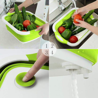 Collapsible Cutting Board - Foldable Multi-function Dish Tub - Washing and Draining Veggies Fruits Food Grade Sink Storage Basket(8.5 Quart) - New Kitchen and Camping Essentials(Knife Included)