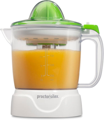 Electric Citrus Juicer Machine, Large 34 oz. Pitcher, Pressure Activated, 2 Reamers for Big and Small Fruit, Pulp Control, for Orange, Lemon, Grapefruit Juice, White & Green (66340)