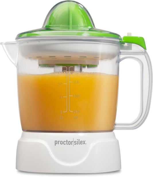 Electric Citrus Juicer Machine, Large 34 oz. Pitcher, Pressure Activated, 2 Reamers for Big and Small Fruit, Pulp Control, for Orange, Lemon, Grapefruit Juice, White & Green (66340)