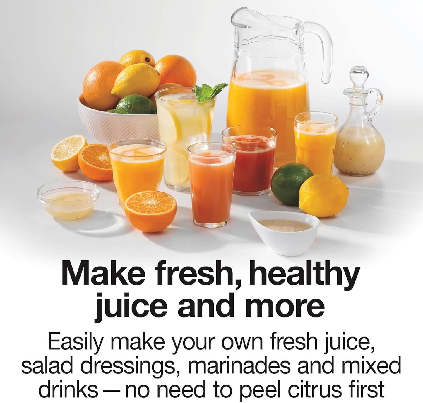 Electric Citrus Juicer Machine, Large 34 oz. Pitcher, Pressure Activated, 2 Reamers for Big and Small Fruit, Pulp Control, for Orange, Lemon, Grapefruit Juice, White & Green (66340)