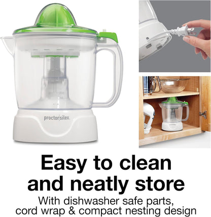 Electric Citrus Juicer Machine, Large 34 oz. Pitcher, Pressure Activated, 2 Reamers for Big and Small Fruit, Pulp Control, for Orange, Lemon, Grapefruit Juice, White & Green (66340)