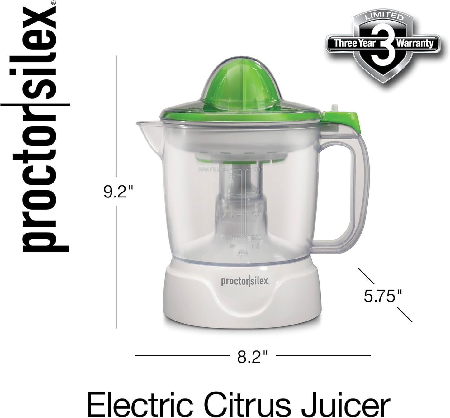 Electric Citrus Juicer Machine, Large 34 oz. Pitcher, Pressure Activated, 2 Reamers for Big and Small Fruit, Pulp Control, for Orange, Lemon, Grapefruit Juice, White & Green (66340)