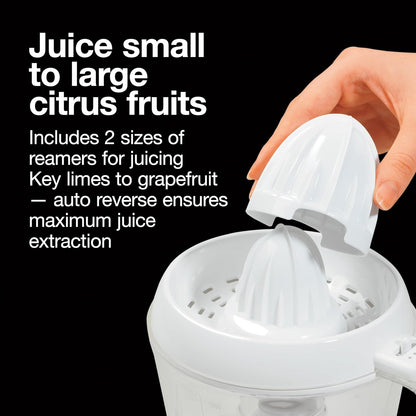 Electric Citrus Juicer Machine, Large 34 oz. Pitcher, Pressure Activated, 2 Reamers for Big and Small Fruit, Pulp Control, for Orange, Lemon, Grapefruit Juice, White & Green (66340)