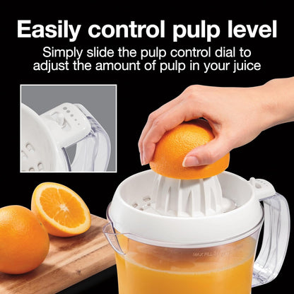 Electric Citrus Juicer Machine, Large 34 oz. Pitcher, Pressure Activated, 2 Reamers for Big and Small Fruit, Pulp Control, for Orange, Lemon, Grapefruit Juice, White & Green (66340)