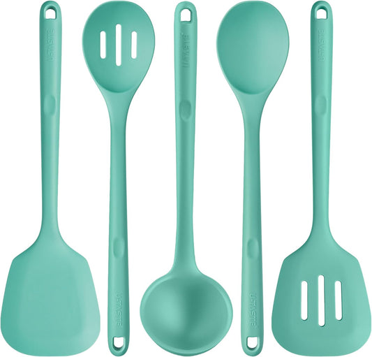 Silicone Kitchen Cooking Utensil Set of 5, 13.6" Long, Aqua Sky | 600ºF Heat Resistant Food Grade Kitchen Tools&Gadgets, Extra Long Wide Spatula Turner Spoon Ladle for Serving Mixing Stirring