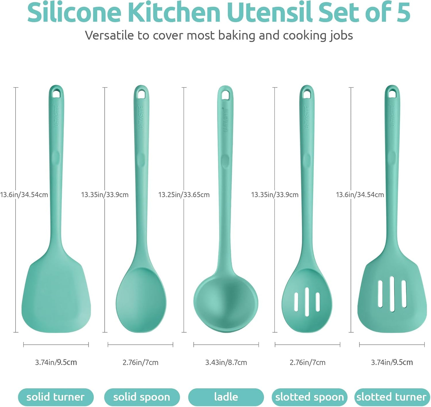 Silicone Kitchen Cooking Utensil Set of 5, 13.6" Long, Aqua Sky | 600ºF Heat Resistant Food Grade Kitchen Tools&Gadgets, Extra Long Wide Spatula Turner Spoon Ladle for Serving Mixing Stirring