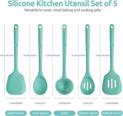 Silicone Kitchen Cooking Utensil Set of 5, 13.6" Long, Aqua Sky | 600ºF Heat Resistant Food Grade Kitchen Tools&Gadgets, Extra Long Wide Spatula Turner Spoon Ladle for Serving Mixing Stirring