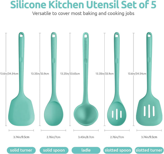 Silicone Kitchen Cooking Utensil Set of 5, 13.6" Long, Aqua Sky | 600ºF Heat Resistant Food Grade Kitchen Tools&Gadgets, Extra Long Wide Spatula Turner Spoon Ladle for Serving Mixing Stirring