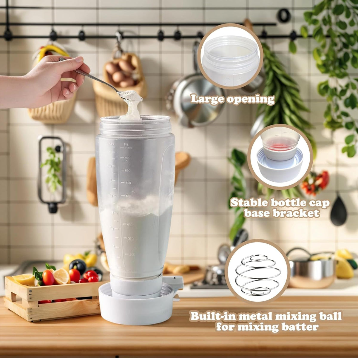 Pancake Batter Dispenser with Blender Balls,33 Oz Pancake Mixer Bottle,Batter Mixer,Kitchen Batter Squeezer Bottle with Graduated Lines and Sturdy Base for Cupcakes,Crepes,Muffins,Pancakes