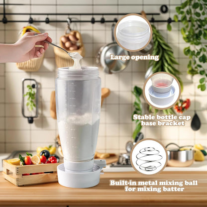 Pancake Batter Dispenser with Blender Balls,33 Oz Pancake Mixer Bottle,Batter Mixer,Kitchen Batter Squeezer Bottle with Graduated Lines and Sturdy Base for Cupcakes,Crepes,Muffins,Pancakes