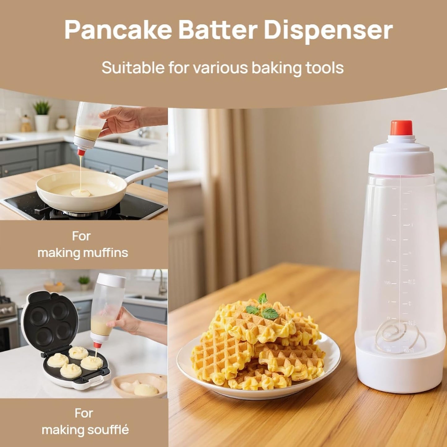 Pancake Batter Dispenser with Blender Balls,33 Oz Pancake Mixer Bottle,Batter Mixer,Kitchen Batter Squeezer Bottle with Graduated Lines and Sturdy Base for Cupcakes,Crepes,Muffins,Pancakes