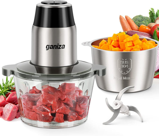 Food Processors with 2 Bowls, 450W Meat Grinder Vegetable Chopper | 2-Speed Electric Food Chopper with 8 Cup Glass & 8 Cup Stainless Steel Bowls -Includes 2 Sets of Blades for Fruits/Meat/Nuts