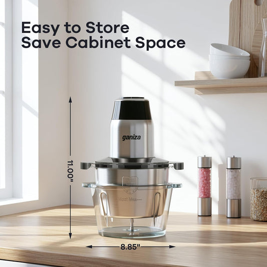 Food Processors with 2 Bowls, 450W Meat Grinder Vegetable Chopper | 2-Speed Electric Food Chopper with 8 Cup Glass & 8 Cup Stainless Steel Bowls -Includes 2 Sets of Blades for Fruits/Meat/Nuts