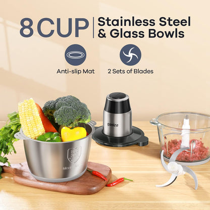 Food Processors with 2 Bowls, 450W Meat Grinder Vegetable Chopper | 2-Speed Electric Food Chopper with 8 Cup Glass & 8 Cup Stainless Steel Bowls -Includes 2 Sets of Blades for Fruits/Meat/Nuts