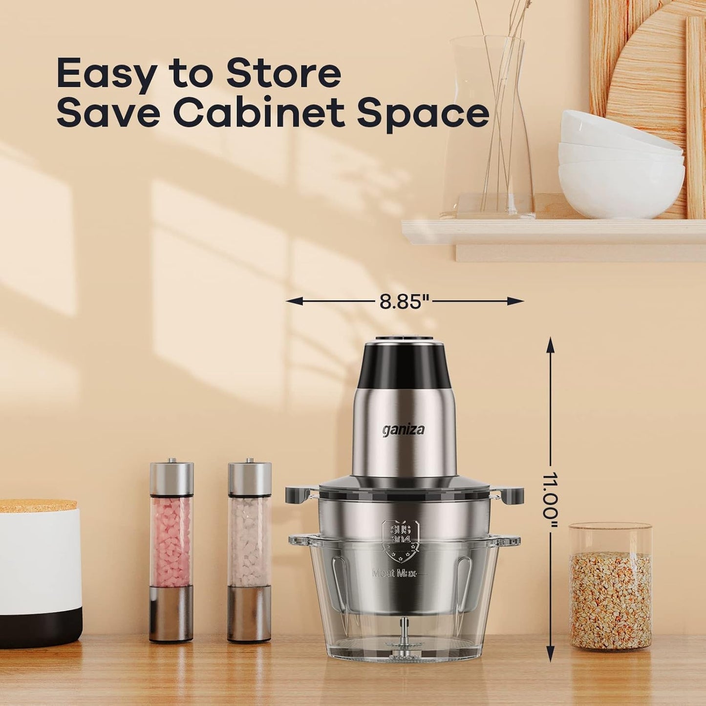 Food Processors with 2 Bowls, 450W Meat Grinder Vegetable Chopper | 2-Speed Electric Food Chopper with 8 Cup Glass & 8 Cup Stainless Steel Bowls -Includes 2 Sets of Blades for Fruits/Meat/Nuts