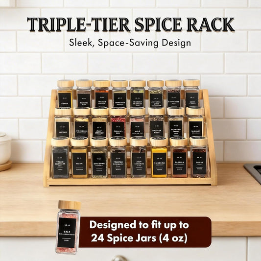 Spice Rack, Spice Organizer -3 Tier Bamboo Spice Racks, Solution for Spice Storage in Kitchens, Countertops，Storage Rooms and Other Places