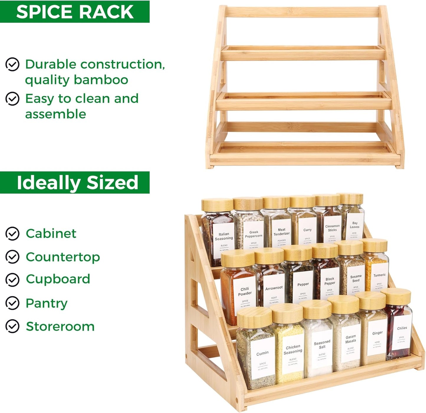 Spice Rack, Spice Organizer -3 Tier Bamboo Spice Racks, Solution for Spice Storage in Kitchens, Countertops，Storage Rooms and Other Places