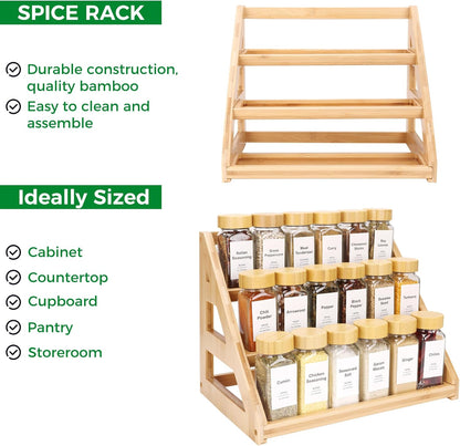 Spice Rack, Spice Organizer -3 Tier Bamboo Spice Racks, Solution for Spice Storage in Kitchens, Countertops，Storage Rooms and Other Places