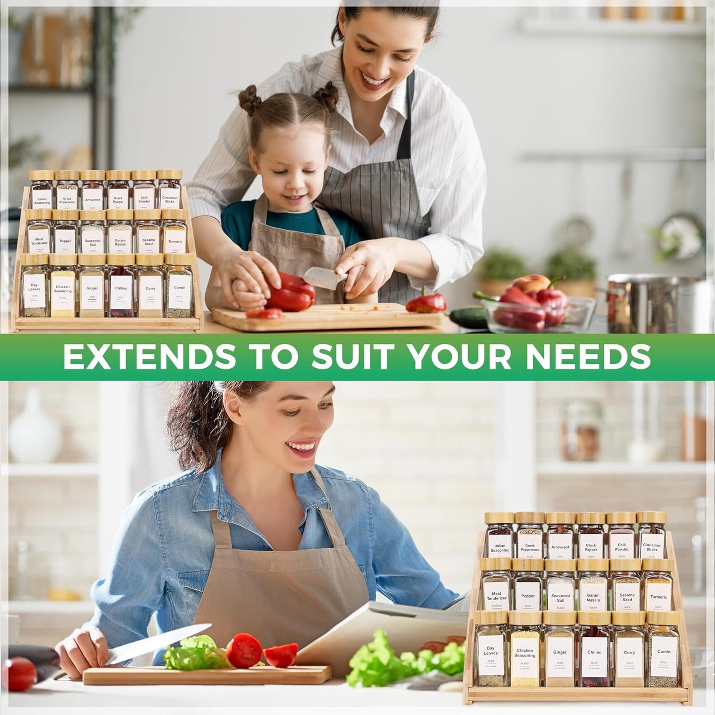 Spice Rack, Spice Organizer -3 Tier Bamboo Spice Racks, Solution for Spice Storage in Kitchens, Countertops，Storage Rooms and Other Places