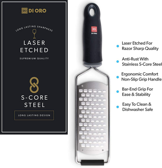 DI ORO Cheese Grater with Handle - Graters for Kitchen Stainless Steel - Flat Hand Held Kitchen Grater for Shredding Vegetables & Food - Rust-Proof Heavy Duty Metal Hand Grater for Cooking & Grating