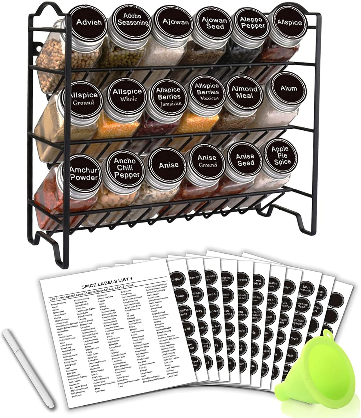 Spice Rack Organizer with 18 Spice Jars 4 oz, 396 Spice Labels | Chalk Marker, Funnel Set, Spice Organizer for Cabinet, Countertop, Pantry, Cupboard & Wall Mount, 11.2" W × 9.9" H, Black