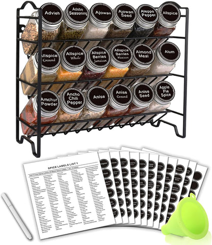 Spice Rack Organizer with 18 Spice Jars 4 oz, 396 Spice Labels | Chalk Marker, Funnel Set, Spice Organizer for Cabinet, Countertop, Pantry, Cupboard & Wall Mount, 11.2" W × 9.9" H, Black