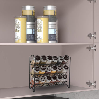 Spice Rack Organizer with 18 Spice Jars 4 oz, 396 Spice Labels | Chalk Marker, Funnel Set, Spice Organizer for Cabinet, Countertop, Pantry, Cupboard & Wall Mount, 11.2" W × 9.9" H, Black