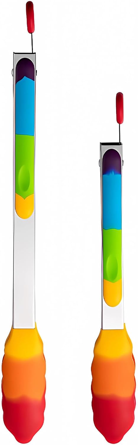 Rainbow Tongs for Cooking, Heat Resistant Stainless Steel Kitchen Tongs with Silicone Tips, 9 & 12 Inch Silicone Tongs, Set of 2