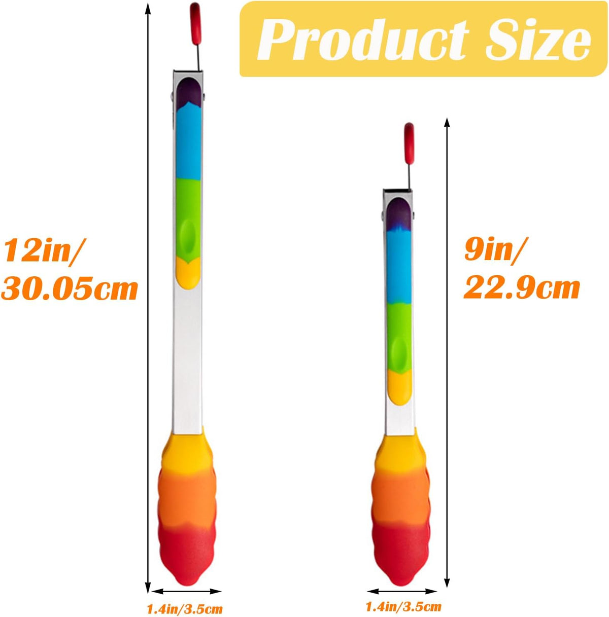 Rainbow Tongs for Cooking, Heat Resistant Stainless Steel Kitchen Tongs with Silicone Tips, 9 & 12 Inch Silicone Tongs, Set of 2