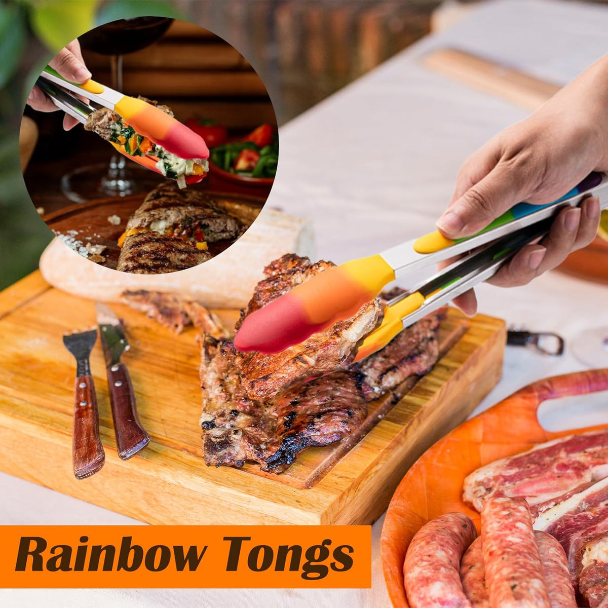 Rainbow Tongs for Cooking, Heat Resistant Stainless Steel Kitchen Tongs with Silicone Tips, 9 & 12 Inch Silicone Tongs, Set of 2