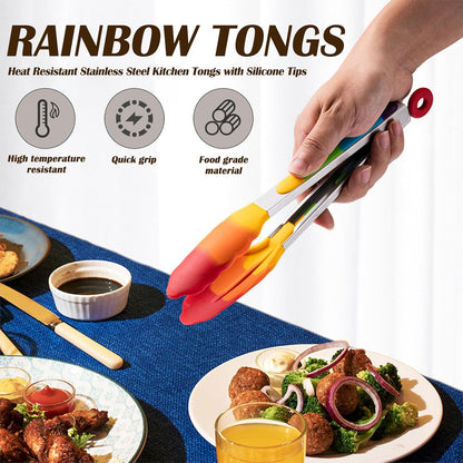 Rainbow Tongs for Cooking, Heat Resistant Stainless Steel Kitchen Tongs with Silicone Tips, 9 & 12 Inch Silicone Tongs, Set of 2