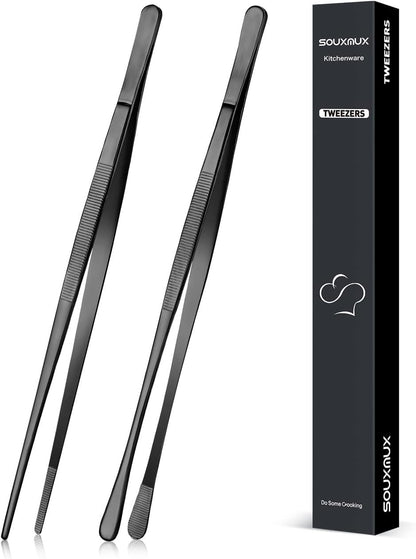 2 Pcs 12-inch Cooking Tweezers Tongs Precision Serrated Tips, Stainless Steel Professional Chef Tweezer Kitchen Tools for BBQ, Plating and Serving (Black)
