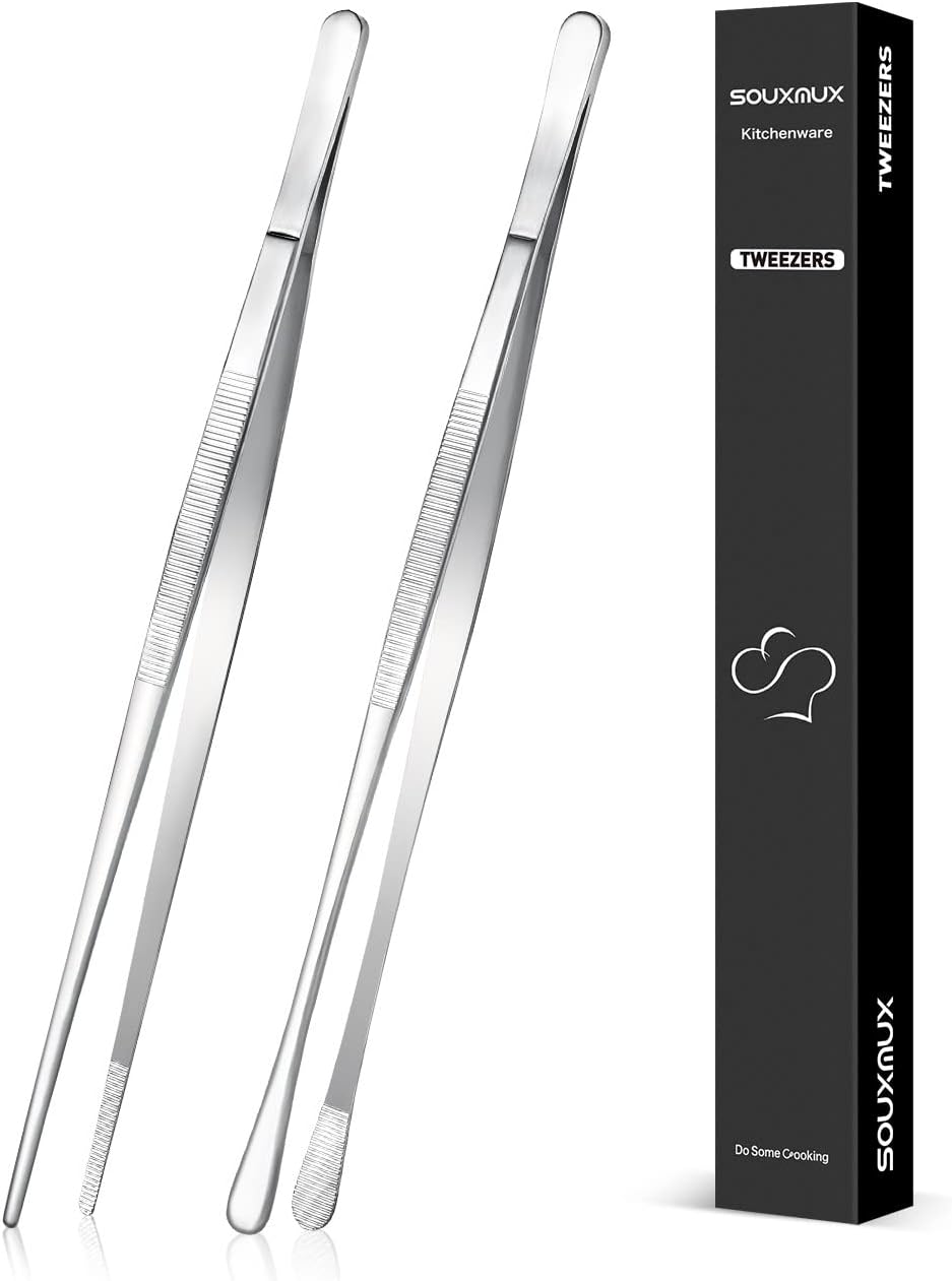 2 Pcs 12-inch Cooking Tweezers Tongs Precision Serrated Tips, Stainless Steel Professional Chef Tweezer Kitchen Tools for BBQ, Plating and Serving (Black)