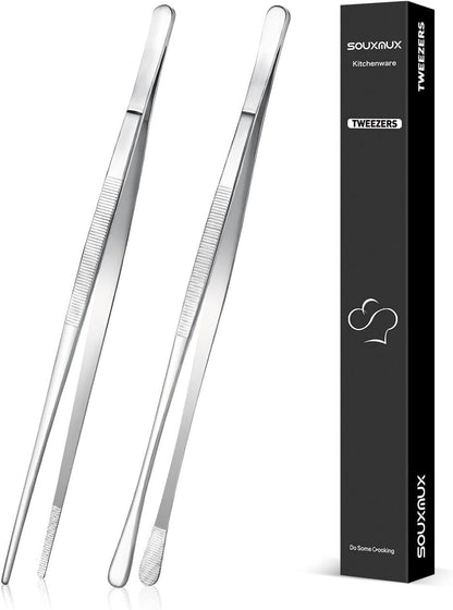 2 Pcs 12-inch Cooking Tweezers Tongs Precision Serrated Tips, Stainless Steel Professional Chef Tweezer Kitchen Tools for BBQ, Plating and Serving (Black)