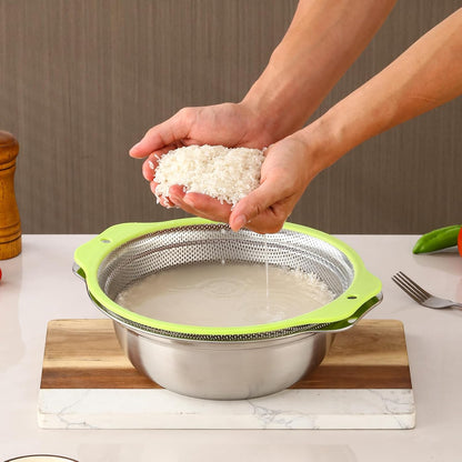 Colander Stainless Steel Microporous, 5QT Large Capacity Rice Washer with Mixing Bowl, 12.5’’Rice Strainer Bowl Set with Handle, Food-Grade Strainers and Colanders for Washing Rice, Pasta