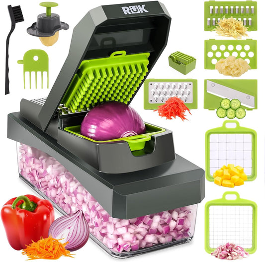 10-in-1 Vegetable Chopper – 6 Blade Veggie Chopper with Container, Food Dicer, Onion Cutter, Cheese Grater, Mandoline Slicer, Kitchen Gadgets & Home Essentials (Gray)