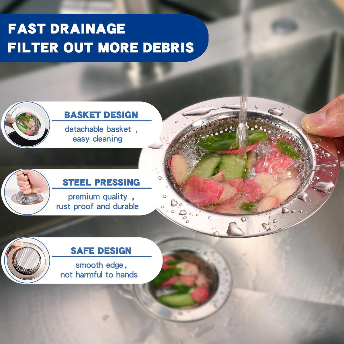 2Pack Stainless Kitchen Sink Strainer 4.4in Wide Rim Mesh Silver