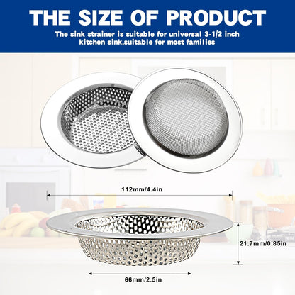 2Pack Stainless Kitchen Sink Strainer 4.4in Wide Rim Mesh Silver