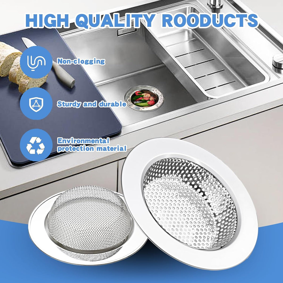 2Pack Stainless Kitchen Sink Strainer 4.4in Wide Rim Mesh Silver