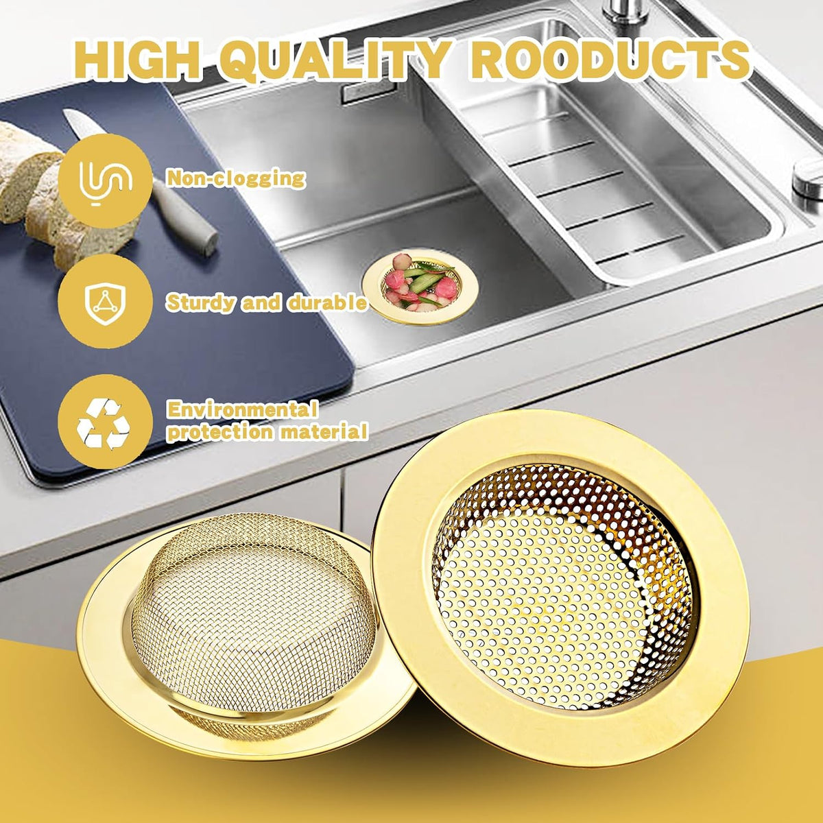 2Pack Stainless Kitchen Sink Strainer 4.4in Wide Rim Mesh Silver